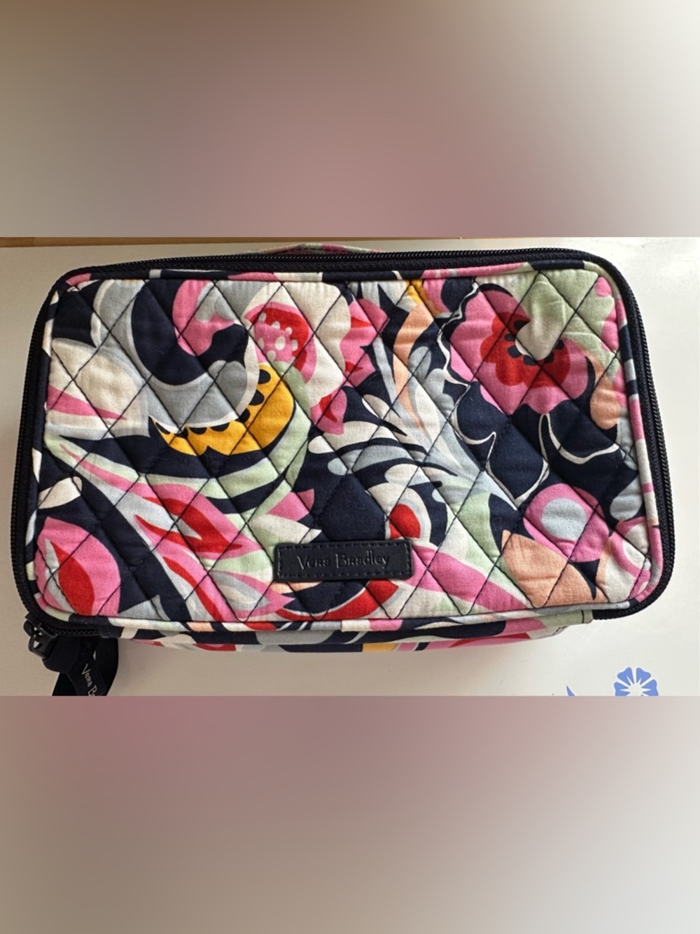 Vera Bradley Quilted Pouch in Navy with Red, Pink & Yellow Floral Accents